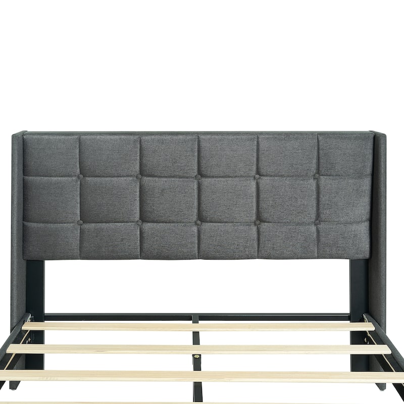Queen Size Upholstered Platform Bed with Linen Headboard