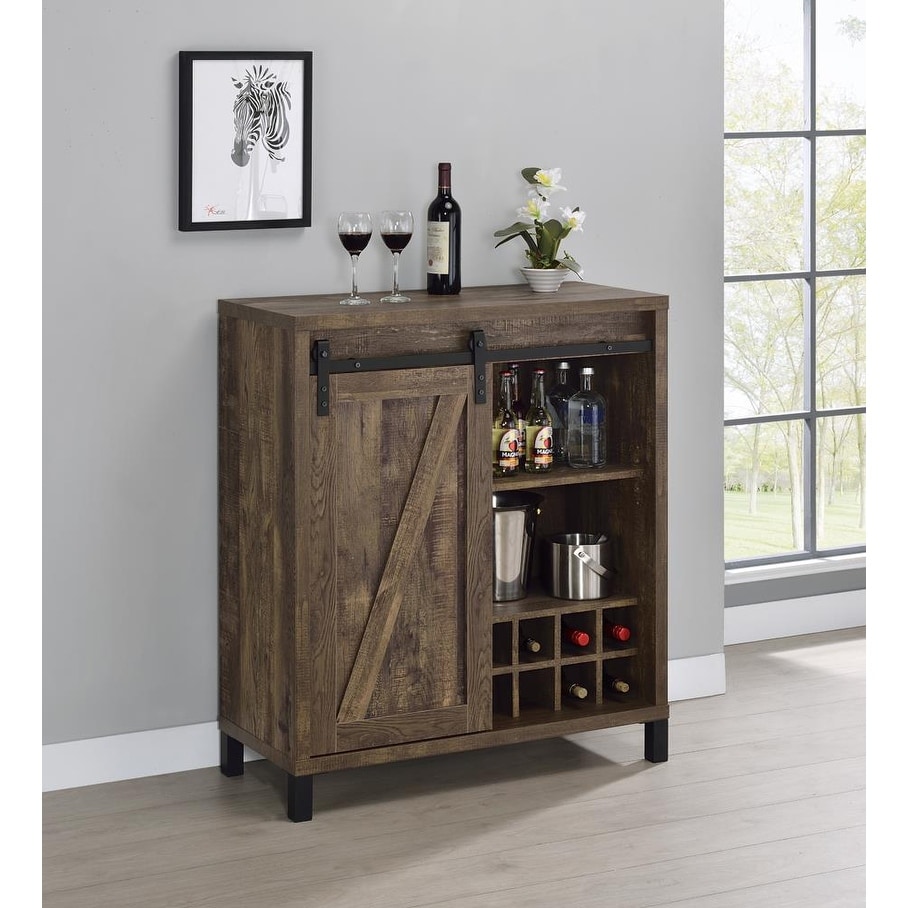 Okd Farmhouse Wood Bar Cabinet with Sliding Barn Door and Hutch for Dining Room (Reclaimed Barnwood), Size: One size, Brown