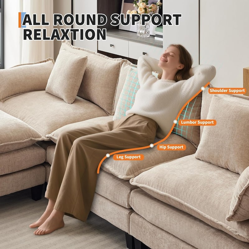 112.2" Sectional Cloud Couch, Modular Sectional Couches Sofa for Living Room with Movable Ottoman, 3-Seater Chenille
