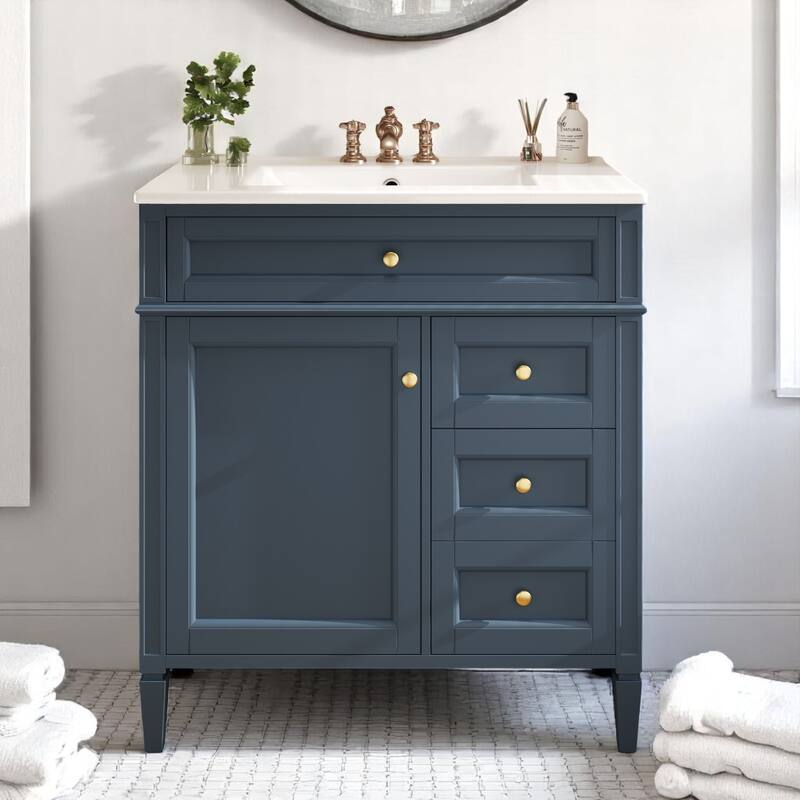 30 Inch Bathroom Vanity with Ceramic Top, 2 Storage Drawers, Tip-Out Tray, Solid Wood Frame Cabinet - Blue