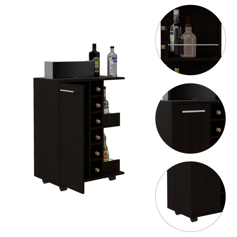 Bar Cart, Four Casters, Six Wine Cubbies, Single Door Cabinet