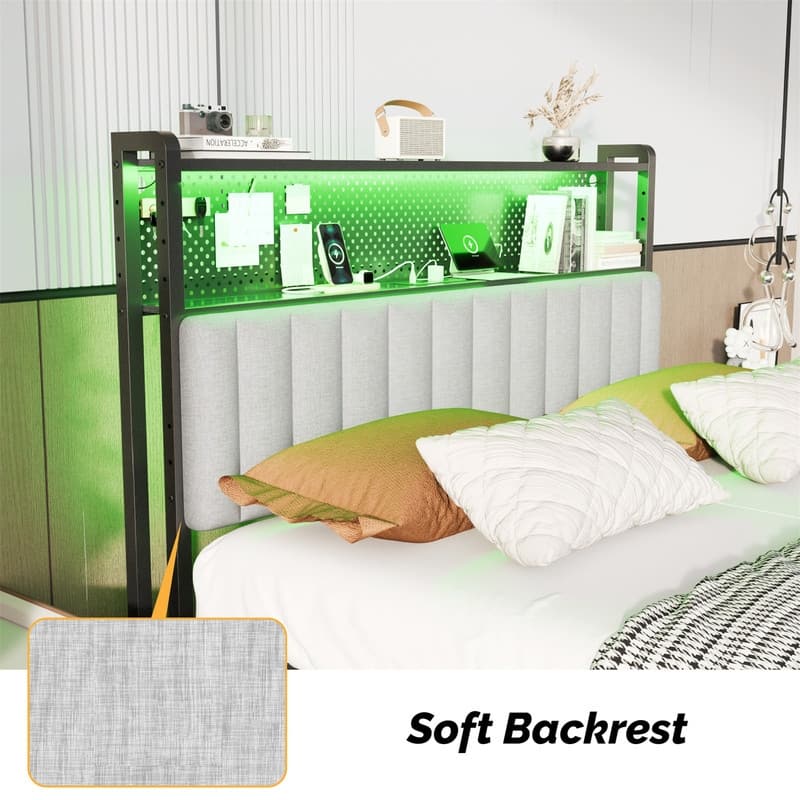 Adjustable Upholstered Headboard with 2 Tier Shelves with Charging Stations and LED Lights, Modern Bed Headboard with Storage