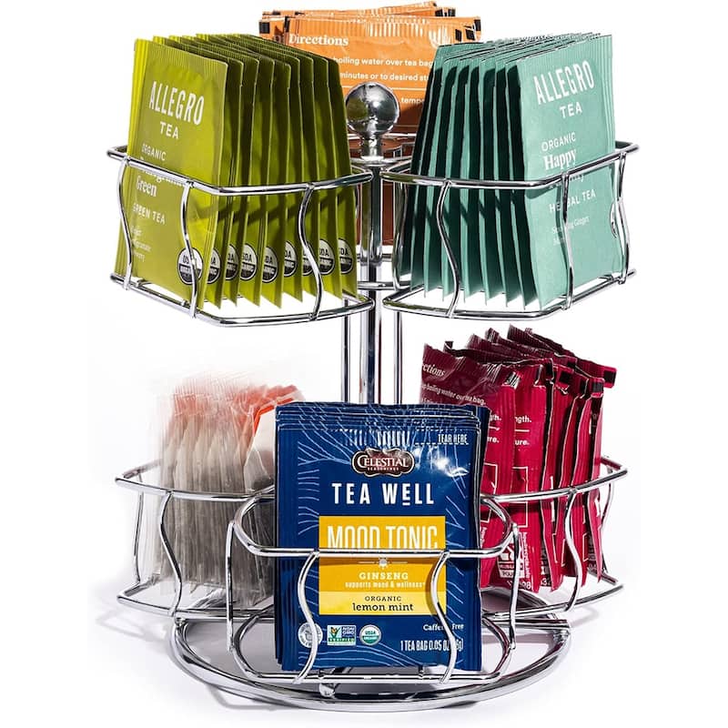 2-Tier Tea Bag Spinning Carousel Organizer, Revolving Countertop Storage for Pantry, Holds Up to 60 Large Tea Bags - Silver
