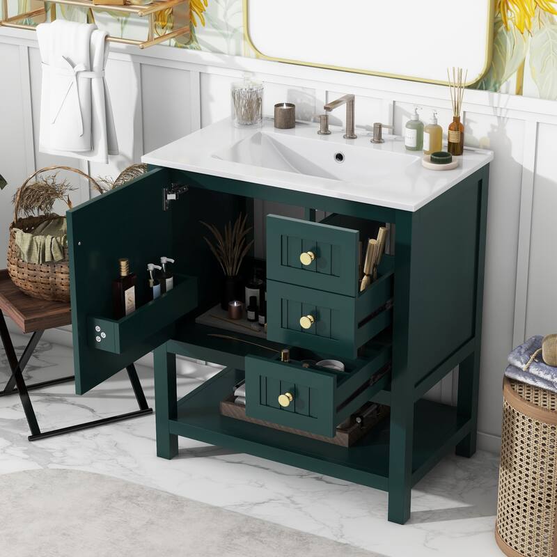 30'' Transitional Style Bathroom Vanity Combo with Ceramic Sink, Bathroom Vanity Cabinet with 1 Soft Close Door and 2 Drawers