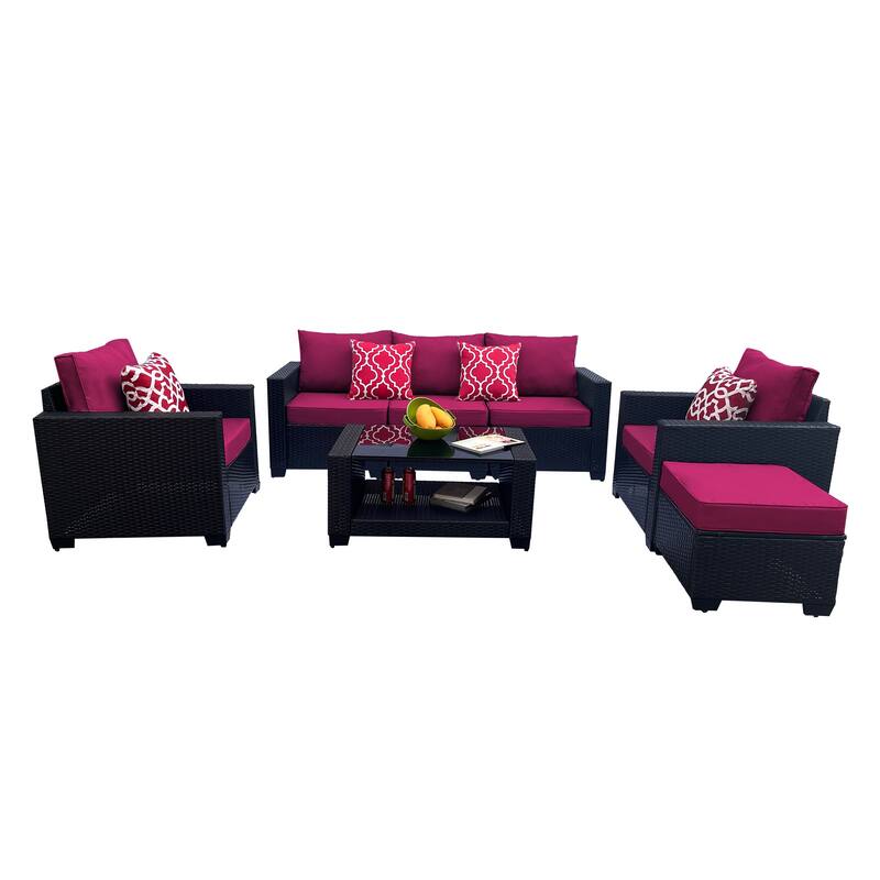 Outdoor Garden Patio Furniture 7-Piece PE Rattan Wicker Cushioned Sofa Sets with 2 Pillows and Coffee Table - N/A