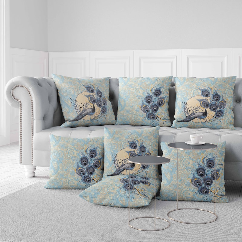 Skyblue And Dutch Paisley Peacock Dreams Faux Suede Throw Pillow Zipper
