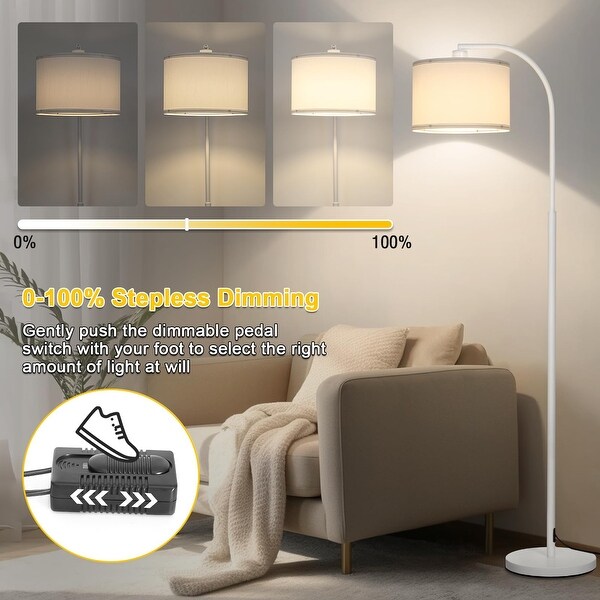Floor Lamps for Living Room White Arc Floor Lamp with Stepless Dimmer Modern Standing Lamp with Adjustable Drum Shade