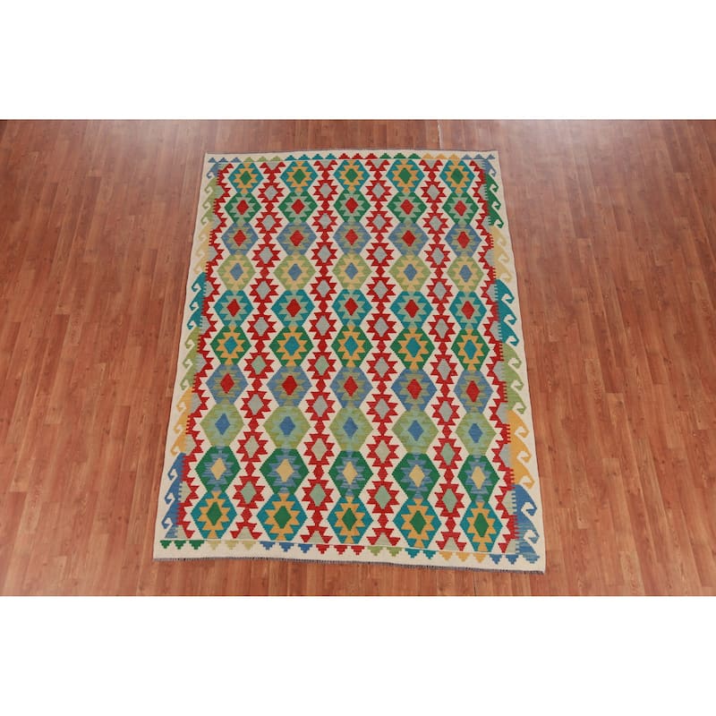 Hand Woven Oriental 100% Wool Carpet Southwestern Geometric Multi-Colored Kilim Area Rug - 8' 5'' X 6' 0''