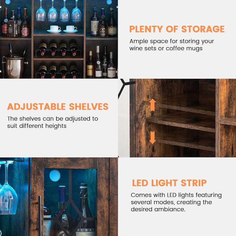 Wine Bar Cabinet with LED Light - 15.7"D x 47.2"W x 34.61"H