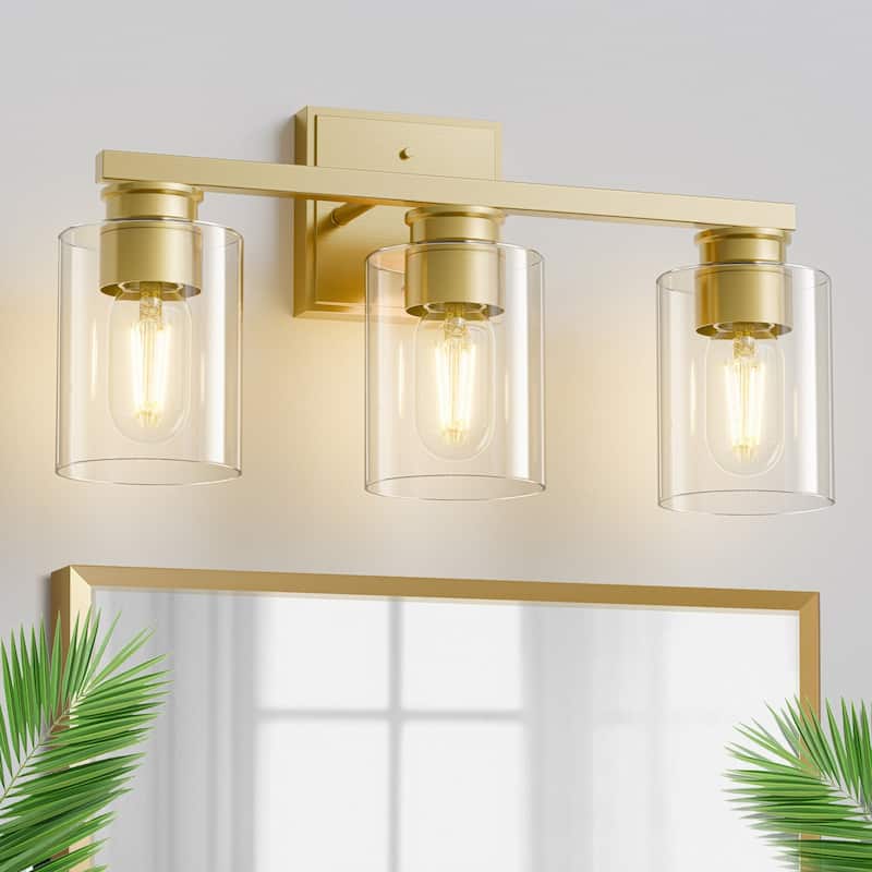 YANSUN Modern Gold Vanity Light 3-Light Bathroom Wall Sconce with Clear Cylindrical Glass
