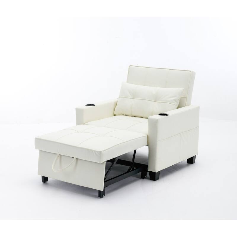 3-in-1 Convertible Sofa Chair,Pull Out Sleeper Chair with USB Ports and Cup Holders（Leather）