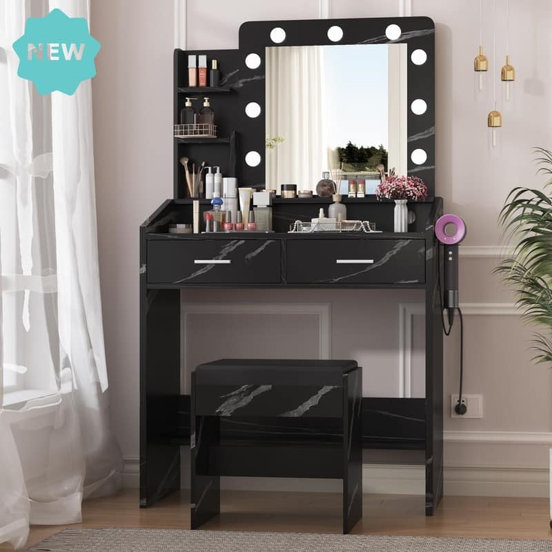 Makeup Vanity Desk with Mirror and Stool, Charging Station, 2 Drawers, 3 Shelves - Marble Black