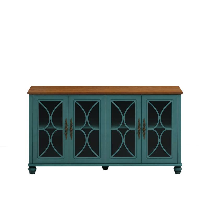59.45" Antique 4-Door Cabinet with Tempered Glass Doors, Retro Buffets Sideboards, European Hallway Accent Cabinet
