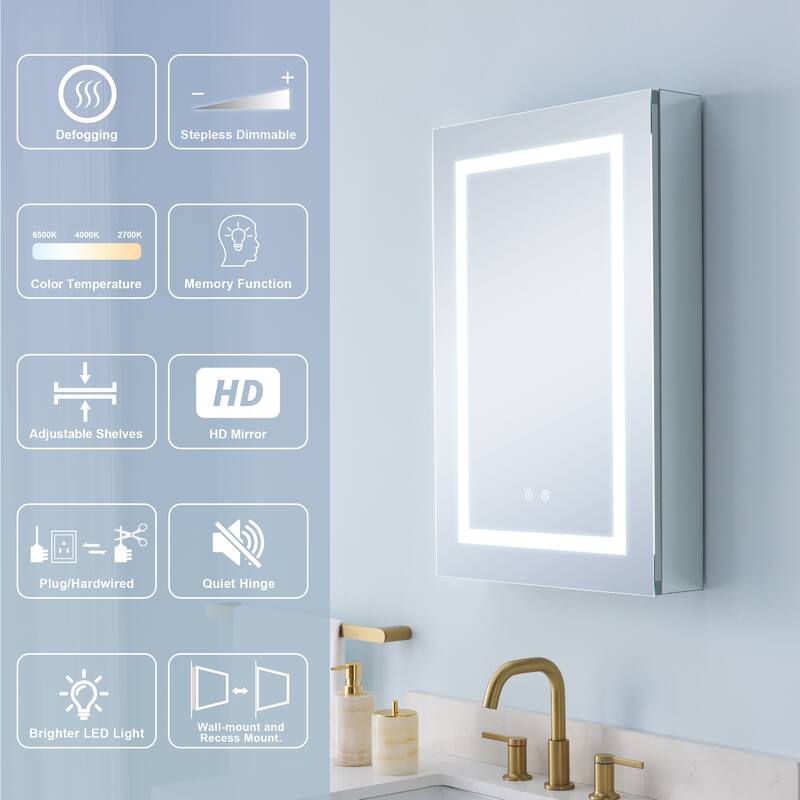 30" H Recessed or Surface LED Mirror Cabinet with Adjustable Glass Shelves,Defogger, Dimmer And Outlets & USB Ports