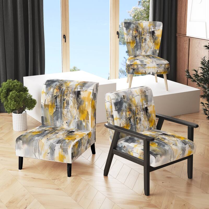 Designart "Yellow and Grey Beyond The Canvas I" Upholstered Abstract Accent Chair and Modern & Contemporary Arm Chair