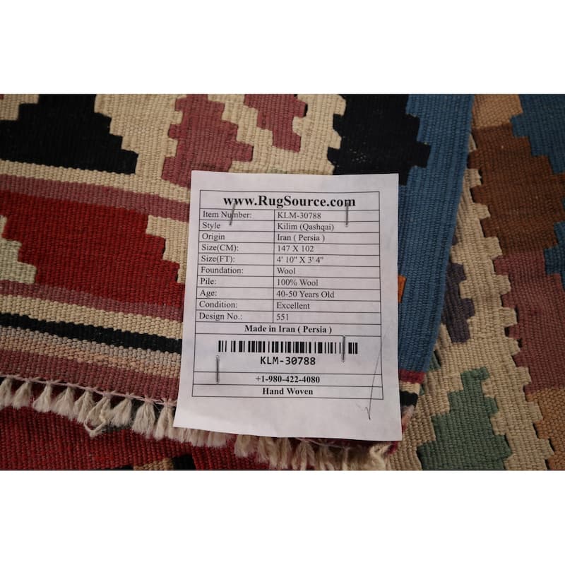 Geometric Kilim Qashqai Persian Vintage Rug Hand-Woven Wool Carpet - 3'4"x 4'10"