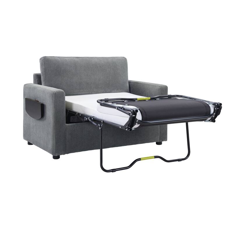 47.2" Corduroy Twin Sleeper Sofa with Foldable Mattress, Side Table, USB Ports, and Storage Pocket