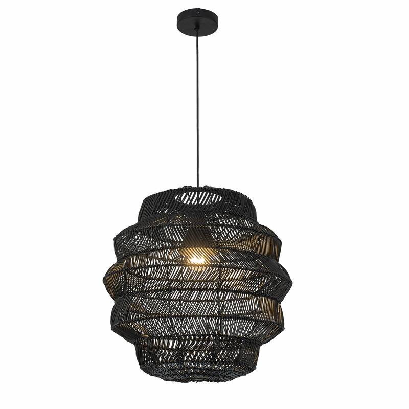 Cana 1-Light Wicker Outdoor Pendant, Coastal Boho Tiered Drum - Handwoven - 20" Wide - Matte Black