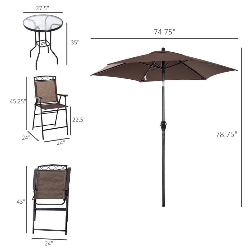4-Piece Outdoor Patio Dining Set with 2 Folding Chairs, Adjustable Angle Umbrella, Wave Textured Tempered Glass Top