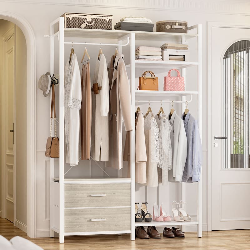 Garment Rack Heavy Duty Clothes Rack Free Standing Closet Organizer with Shelves and 2 hanging Rods - Washed Oak