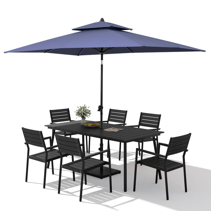 9PC Outdoor Patio Dining Set Aluminum Table with Stackable Armchairs w/ Market Umbrella Set
