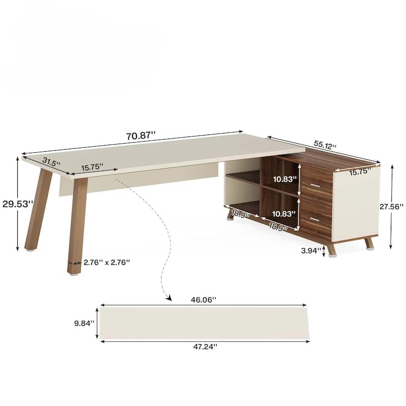 78.7" L-Shaped Executive Desk with 55" File Cabinet, Walnut & White Workstation Furniture