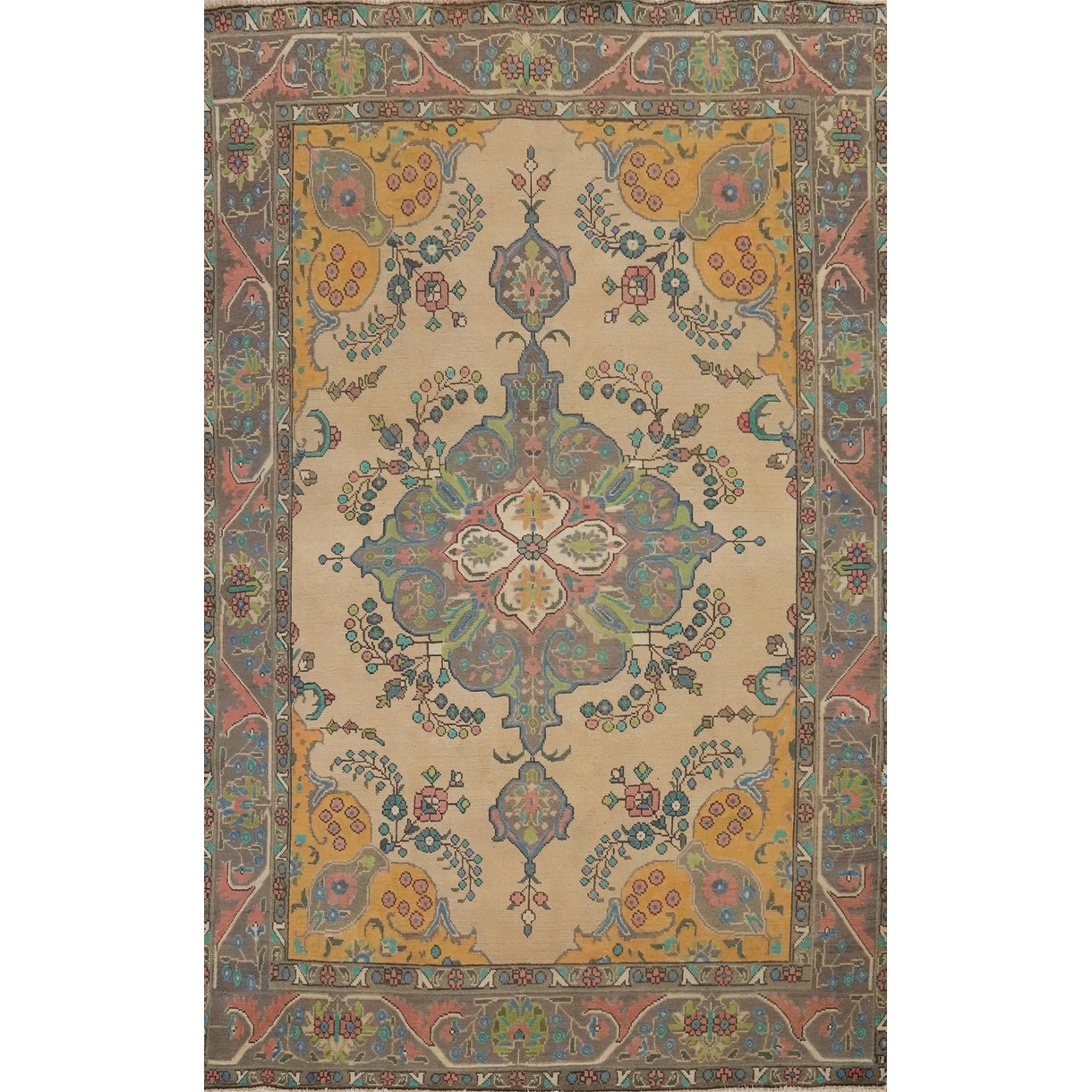 Hand Knotted Oriental 100% Wool Carpet Traditional Floral Brown Tabriz Area Rug - 9' 2'' X 6' 4''