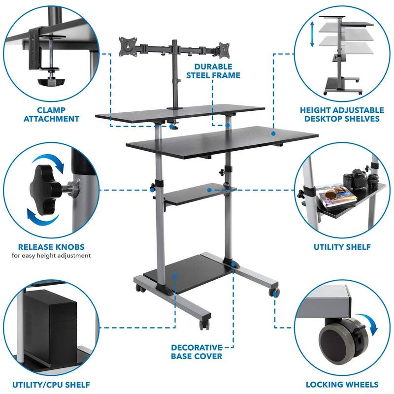 Mount-It! Mobile Computer Desk with Dual Monitor Mount | Height Adjustable