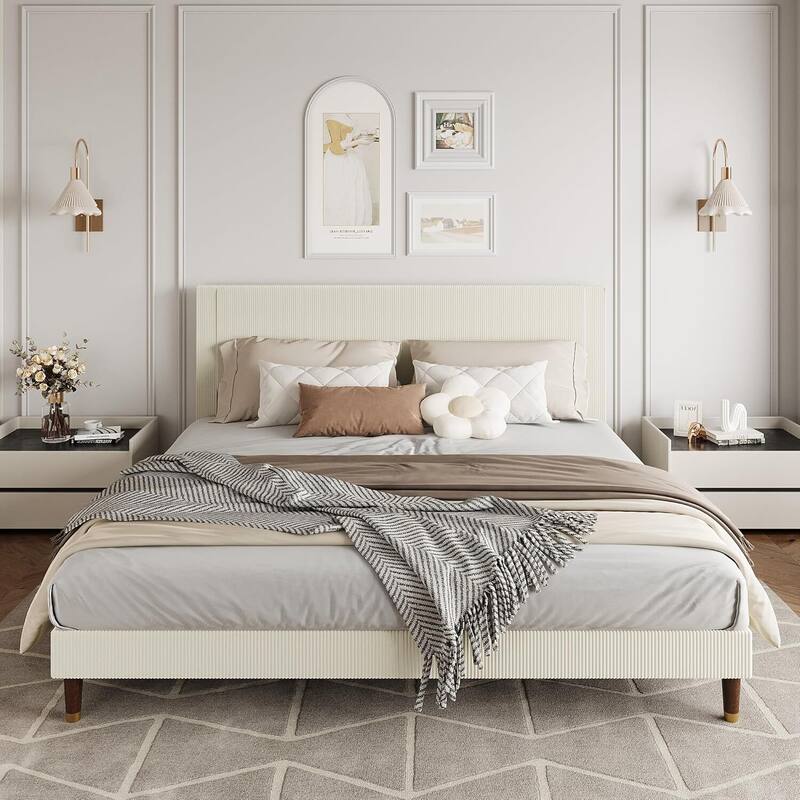 Soft Corduroy Fabric Platform Bed Frame with Upholstered Headboard, White - King