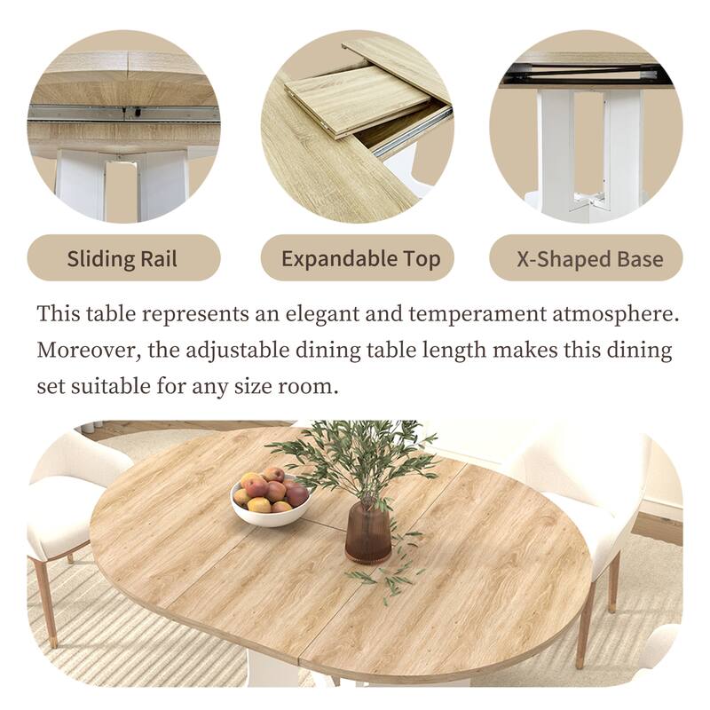 43-59" Expandable Round Dining Table with X-Base, Oak Veneer, Seats 6