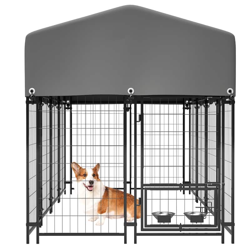 GDFStudio - Large Outdoor Heavy Duty Metal Dog Kennel with Roof, UV-Resistant Waterproof Cover, Double Lock & Rotating Feeder