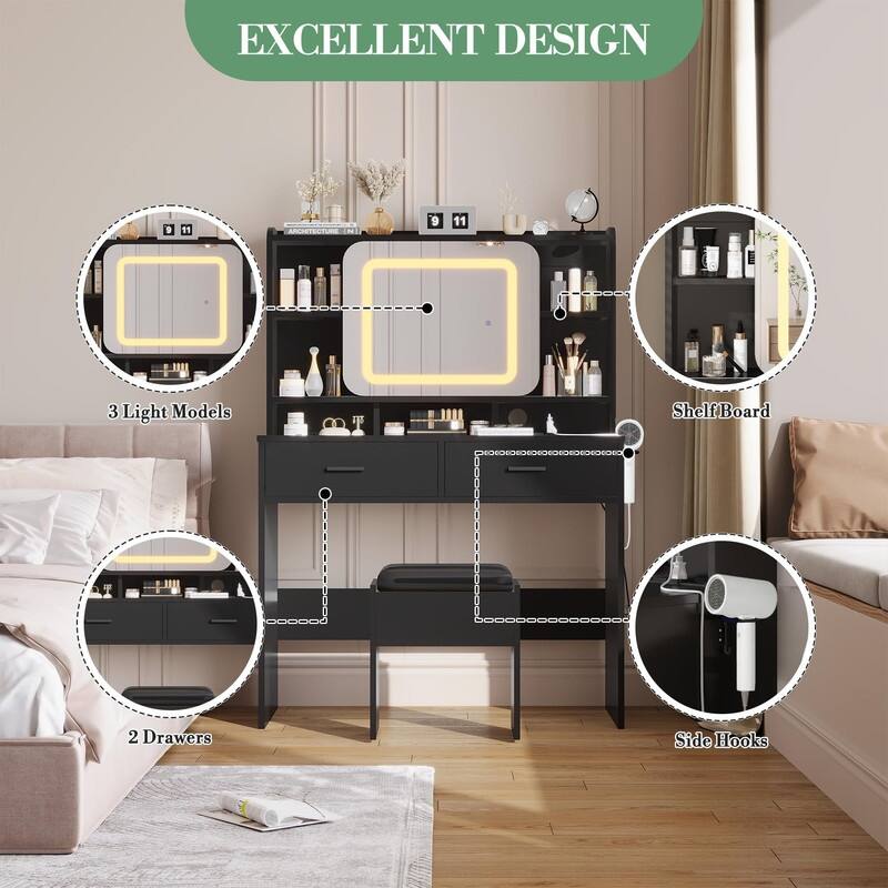 Vanity Desk with LED Mirror and Stool, Drawers, Storage Shelves, Charging Station