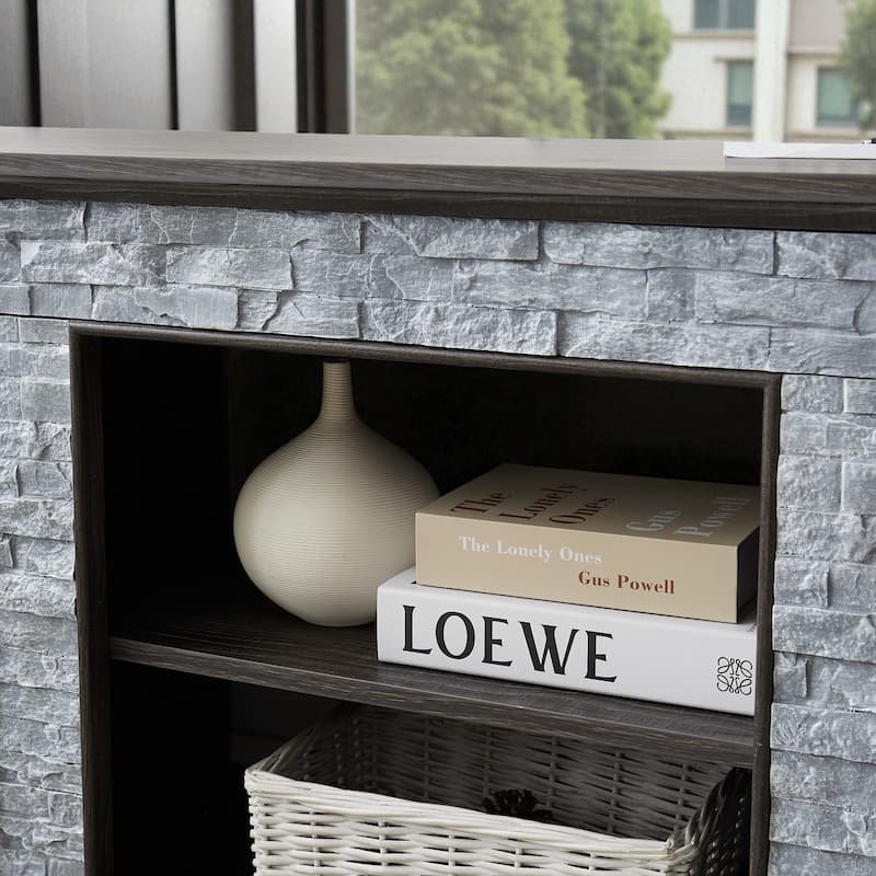 Mantel Stone 58" TV Stand with Faux Stacked Stone Surround, Modern Media Console with Open Storage & Cable Management