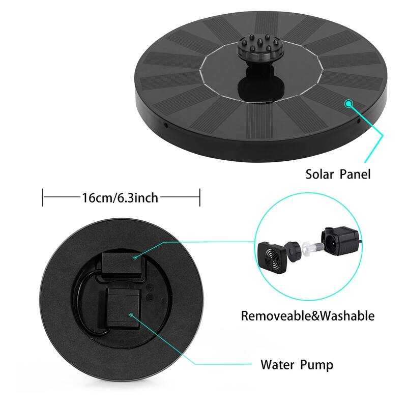 Javlergo Solar Fountain Pump Black Solar Powered Fountain with 6 Nozzles for Bird Bath Small Pond Garden Decor