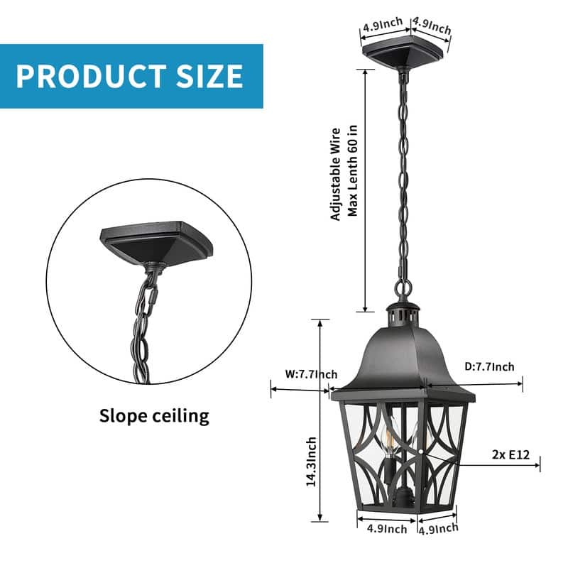 Modern Black Outdoor Pendant Light - Anti-Rust Hanging Lantern with Glass Shade for Porch, Front Door (1-Pack)