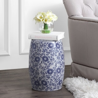 JONATHAN Y Lotus Blossom 17.5" Chinoiserie Ceramic Drum Garden Stool, Blue/White