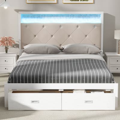 Solid Wood Storage Bed Frame, Queen Size Platform Bed with Upholstered Headboard, LED and 2 Drawers for Bedroom