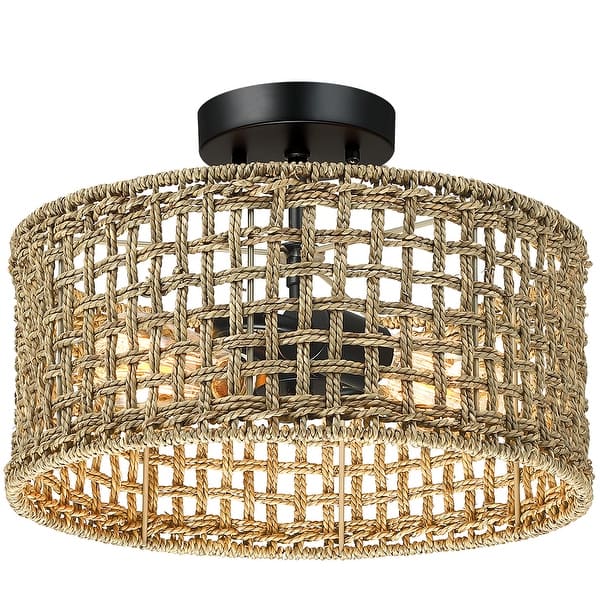 slide 2 of 11, Randy 2-Light Rattan Drum Semi-Flush Mount Ceiling Light - 14"W 14"W