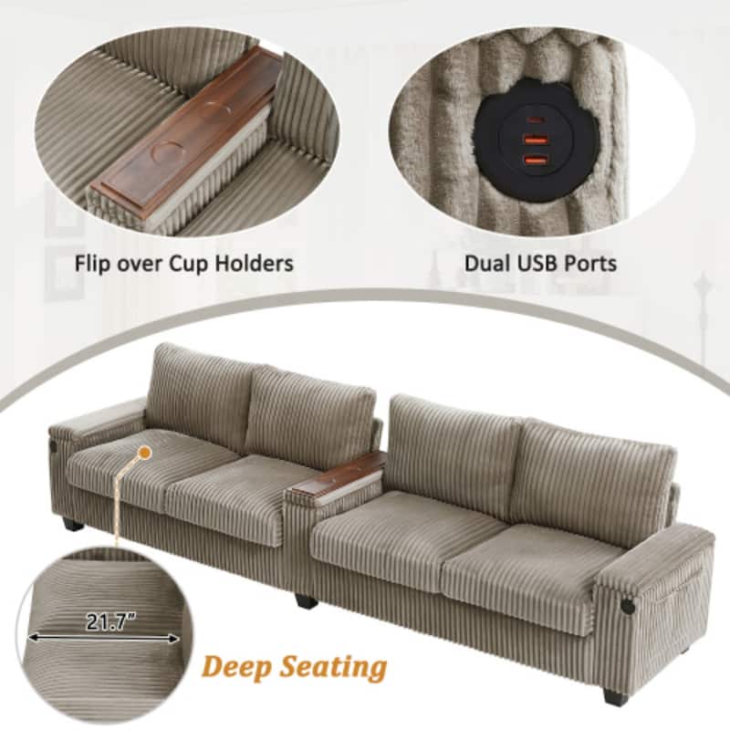 4-Seater Modern Corduroy Sofa Couch with USB Ports, Hidden Storage, and Flip-Top Cup Holders