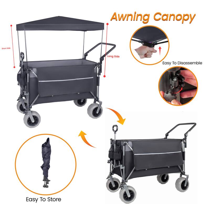 Multi-Functional Push-Pull Folding Wagon Cart with Rotating Handle & Canopy, 9"x4" Beach Tires, 300L Large Capacity