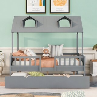 Full Size Creativity House Bed Playhouse Wood Bed with Twin Size Trundle Bed and Window