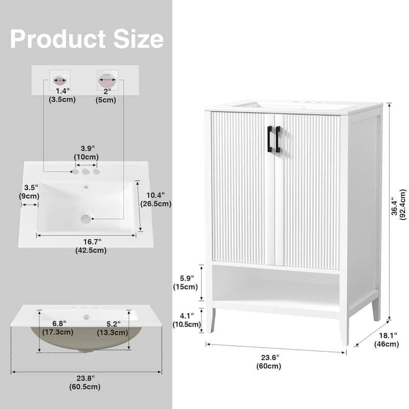 24" Freestanding Bathroom Vanity with Ceramic Sink, 2-Door Storage - White