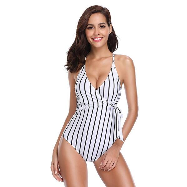 Shop Lalavava Women S Sexy Stripe One Piece Swimsuit V Neck Black