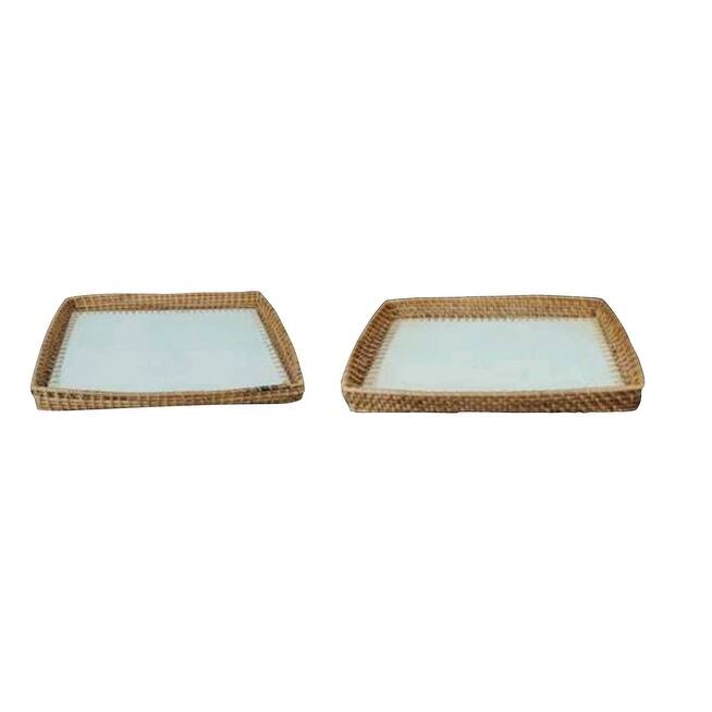 Set of 2 Iron/Cane Trays Dia 13.4" & 11.5" - White