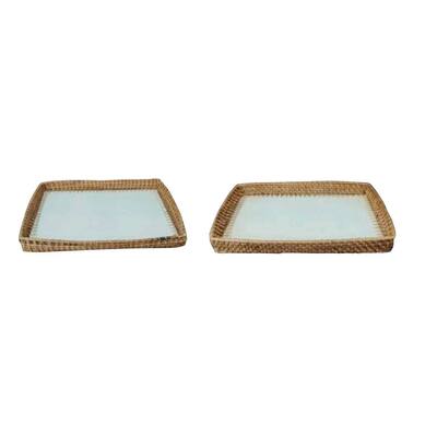 Set of 2 Iron/Cane Trays Dia 13.4" & 11.5" - White