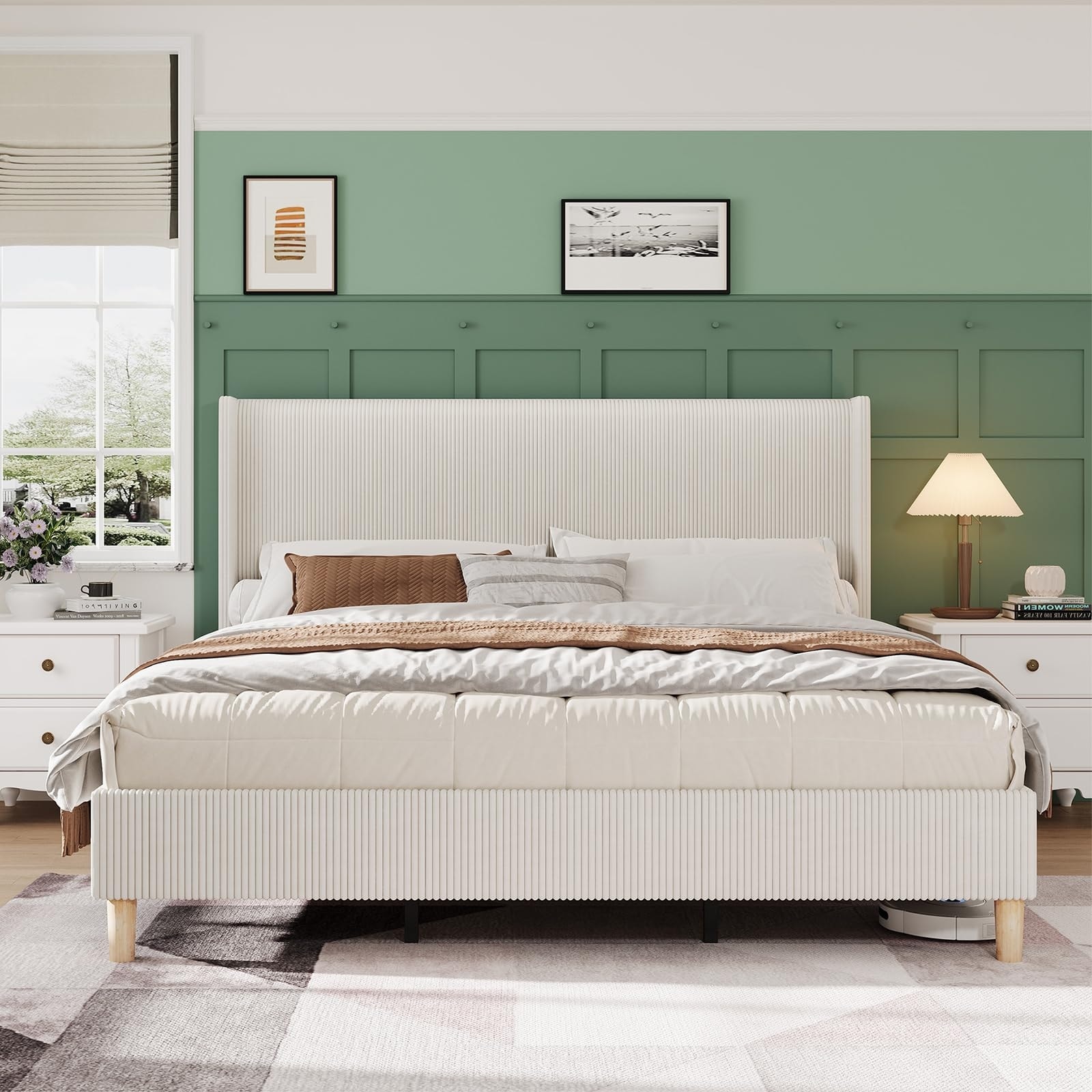Queen Bed Frame, Wingback Upholstered Headboard, Solid Wood Slats, No Box Spring Needed, Noise Free, Beige