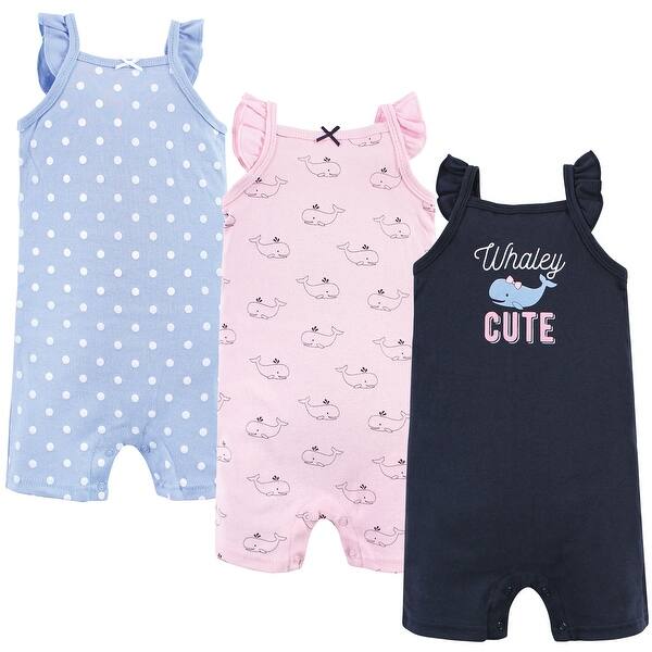 slide 1 of 1, Hudson Baby Infant Girl Cotton Rompers, Whaley Cute Girl 0 - 3 Months - Blue/Pink