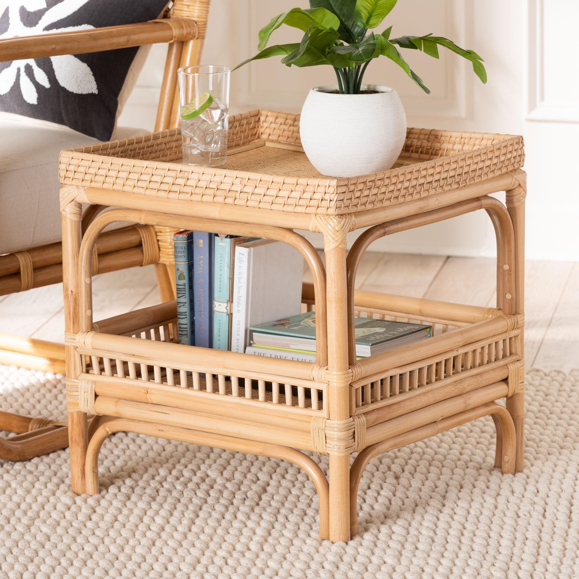Lombok Modern Bohemian Natural Rattan End Table