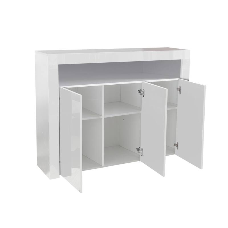 51" White Buffet Sideboard Cabinet with LED Light, Kitchen Wood Storage Cabinet with Open Shelves for Hallway Dining Room