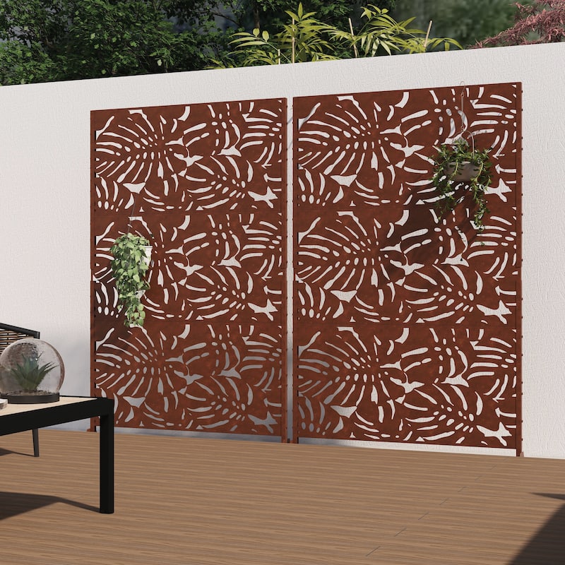 Outdoor Privacy Screen with Stand for Patio Garden Metal Fence - Reddish Brown - 011-Large Leaves